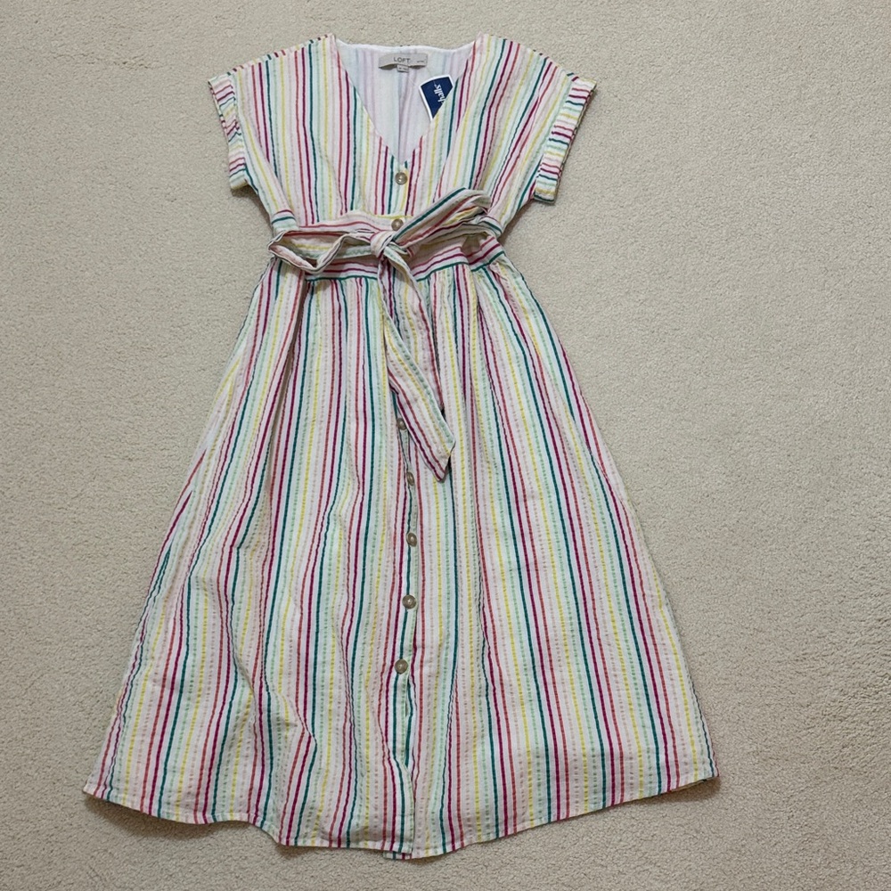 LOFT Multicolor Striped Midi Button Down Tie Front Dress